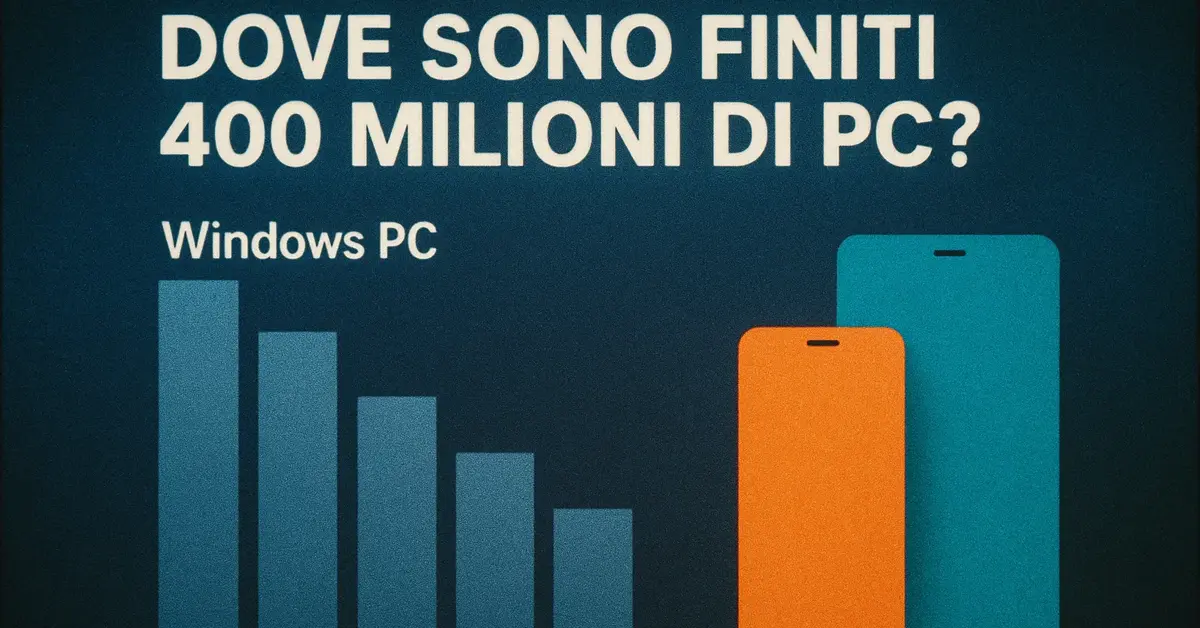 Grafico illustrativo del calo dei dispositivi Windows attivi globalmente tra il 2022 e il 2025 con icone di tablet e smartphone in crescita