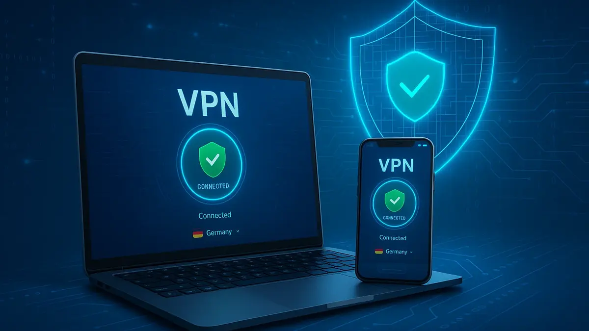Dashboard di una VPN moderna su dispositivi digitali con grafica di protezione dati