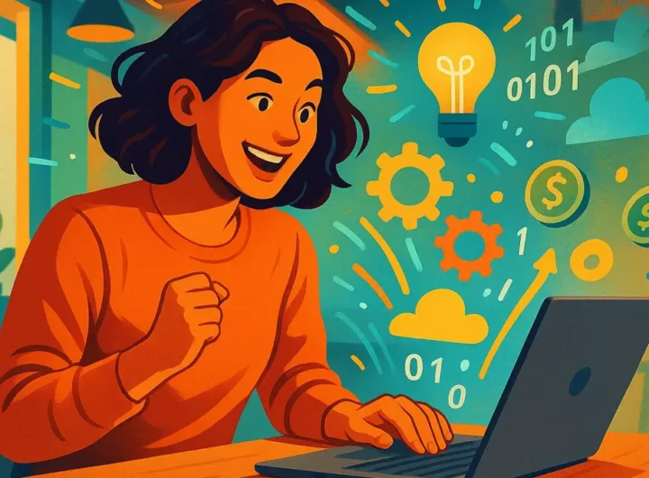 Giovane imprenditore sorridente e concentrato che lavora su un laptop in un caffè