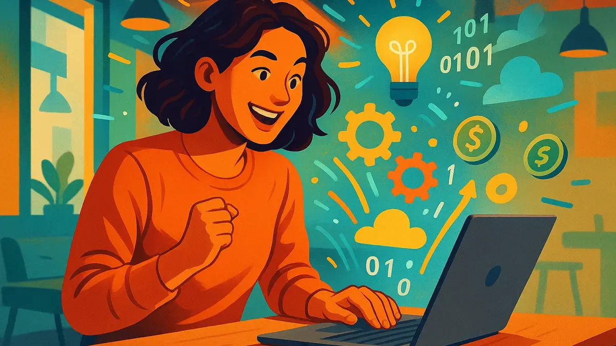 Giovane imprenditore sorridente e concentrato che lavora su un laptop in un caffè