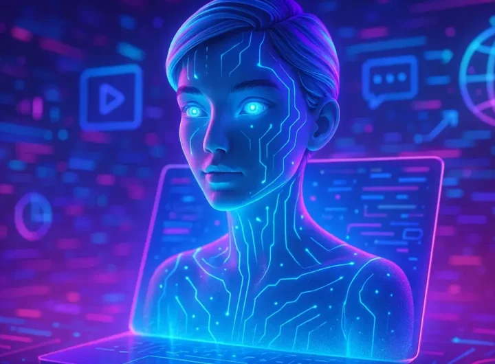 Icona che rappresenta un personaggio virtuale 3D stilizzato con elementi AI