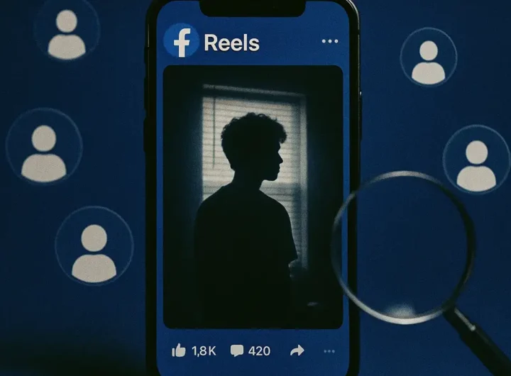 Icone di profili utente stilizzate che fluttuano sopra un interfaccia di Facebook Reel