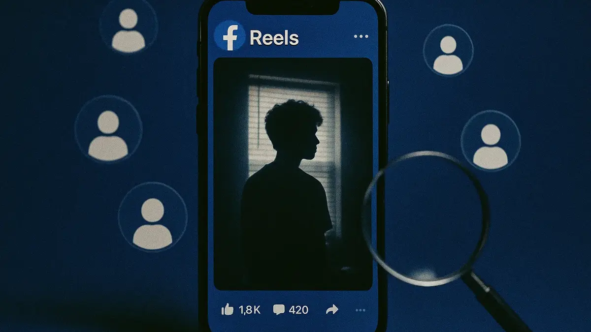 Icone di profili utente stilizzate che fluttuano sopra un interfaccia di Facebook Reel