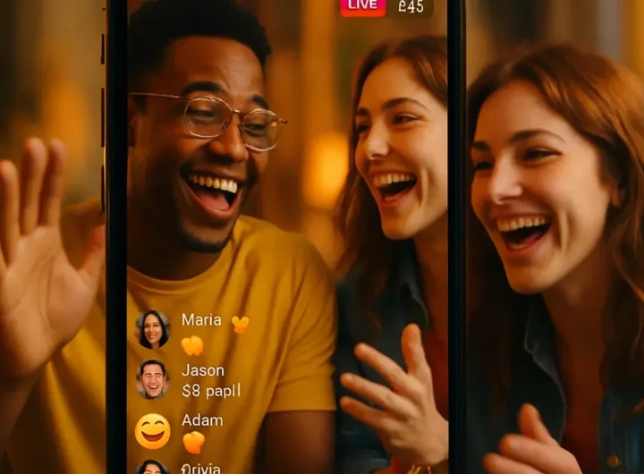 Immagine vibrante che cattura l'energia di una diretta Instagram con due persone