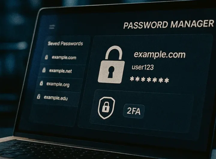 Interfaccia di un password manager su laptop con icone di sicurezza visibili