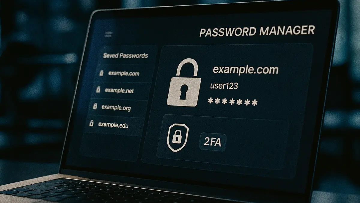 Interfaccia di un password manager su laptop con icone di sicurezza visibili