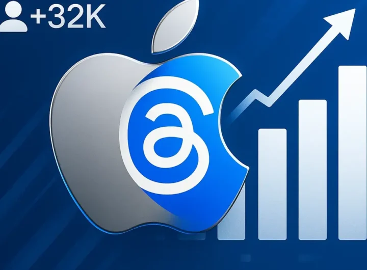 Logo di Apple stilizzato su sfondo che richiama interfaccia di Threads