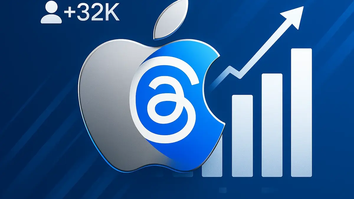 Logo di Apple stilizzato su sfondo che richiama interfaccia di Threads