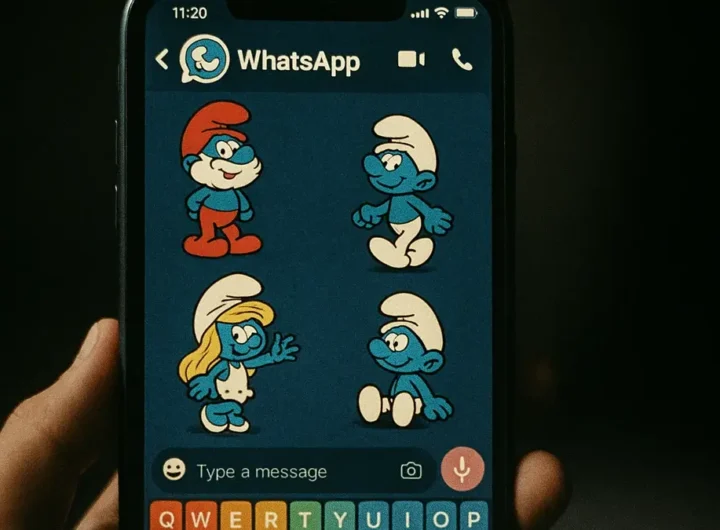 Schermata di WhatsApp personalizzata con sfondo blu e icona Puffo su smartphone Android