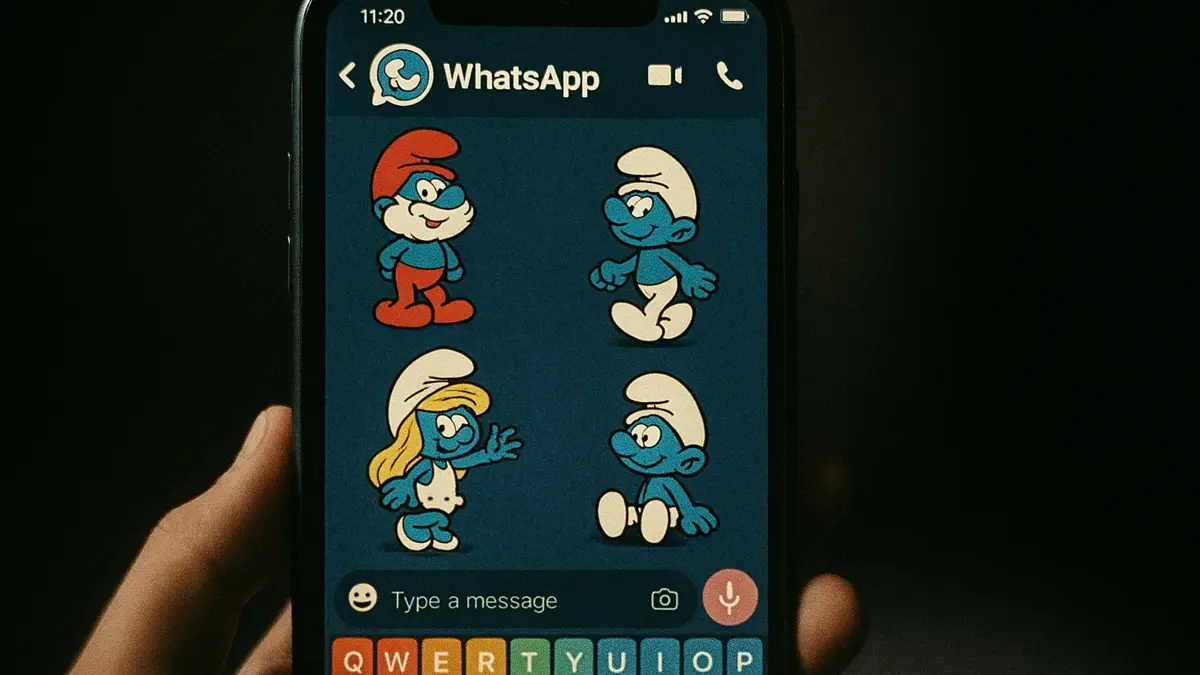 Schermata di WhatsApp personalizzata con sfondo blu e icona Puffo su smartphone Android