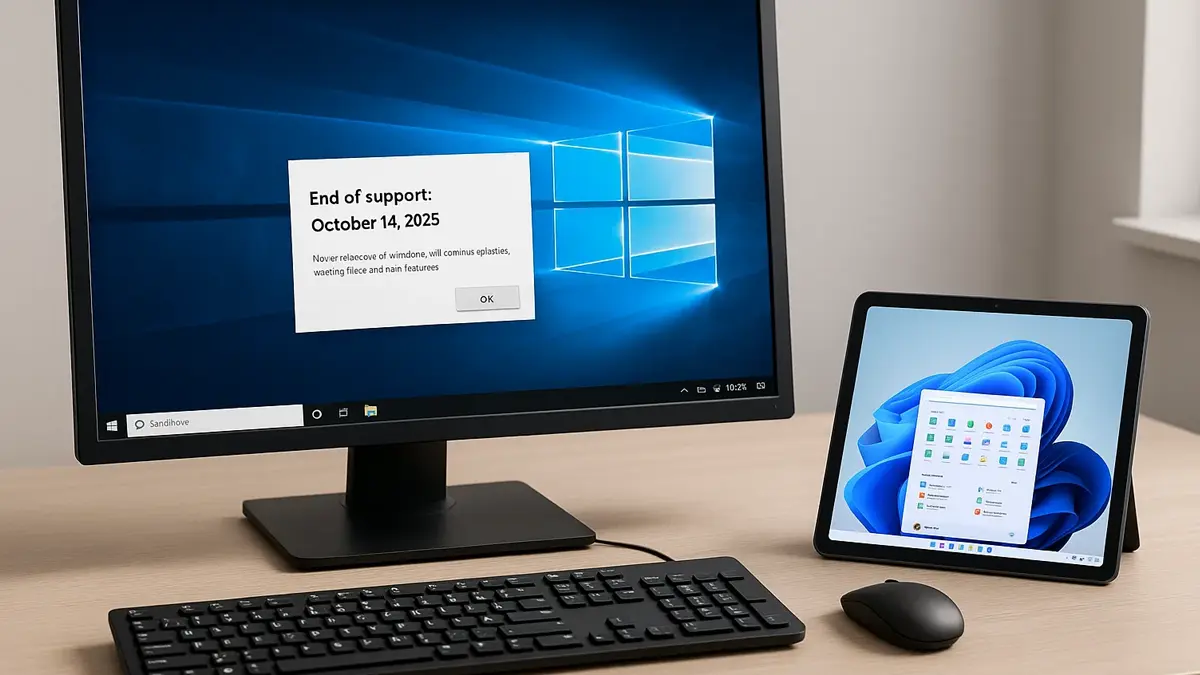 Schermata di Windows 10 con avviso di fine supporto e opzioni di estensione attive