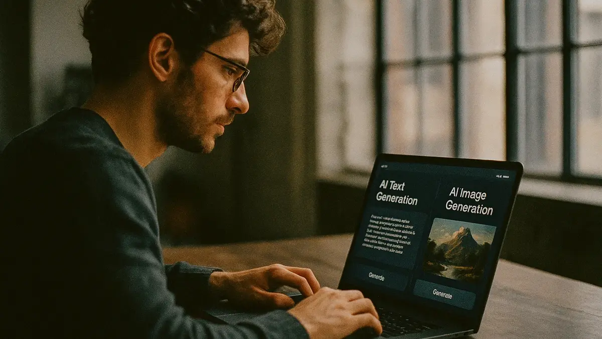 Schermo con app AI per generazione di testi e immagini in uso da un creator