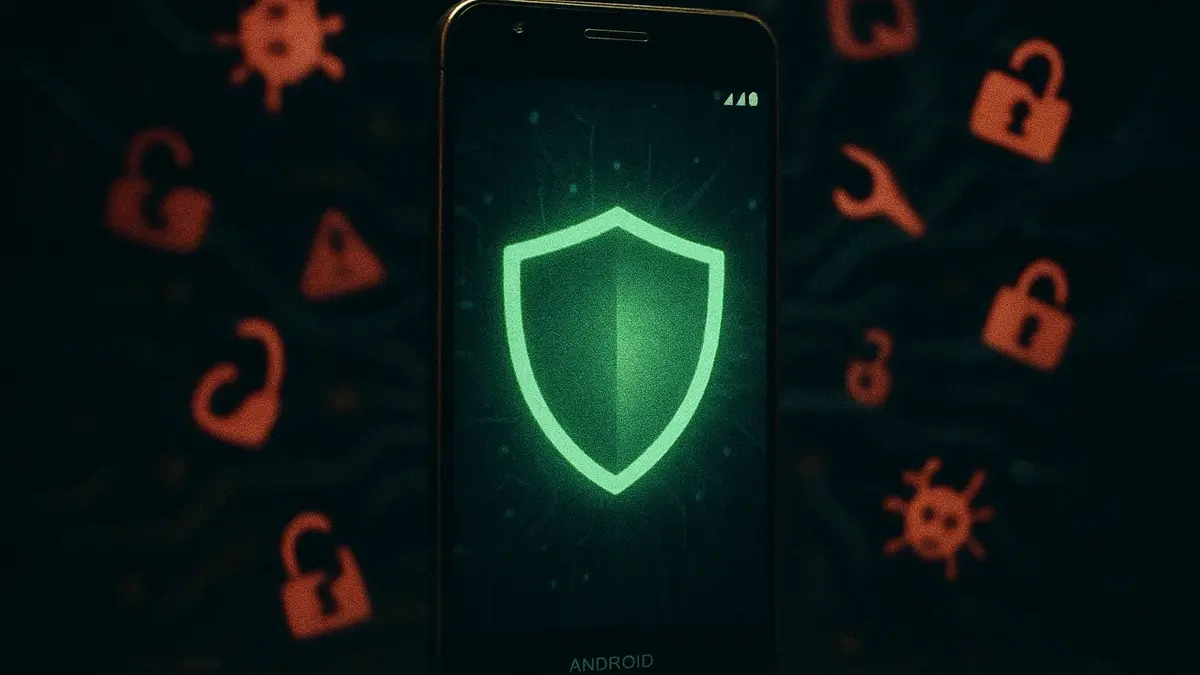 Smartphone Android con un icona di scudo verde protettivo sullo schermo