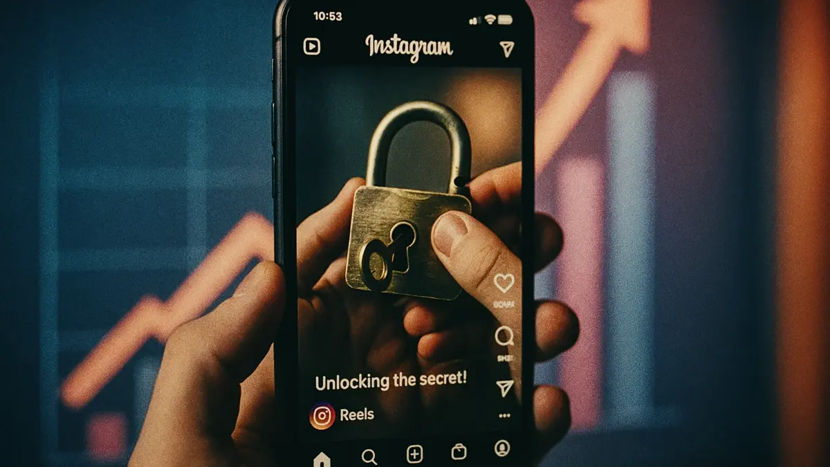Smartphone che mostra un Reel di Instagram con grafici di visualizzazioni in crescita sullo sfondo