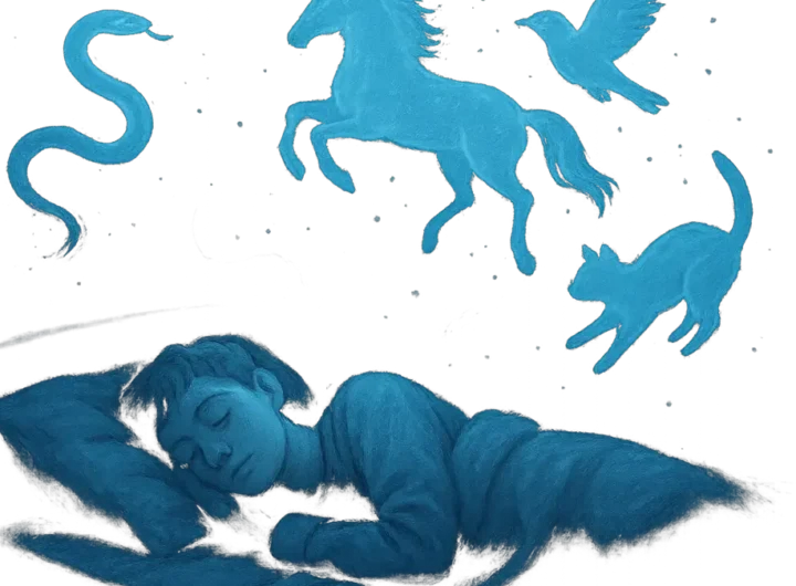 Soggetto che dorme in un letto, con una luce blu sognante e trasparente