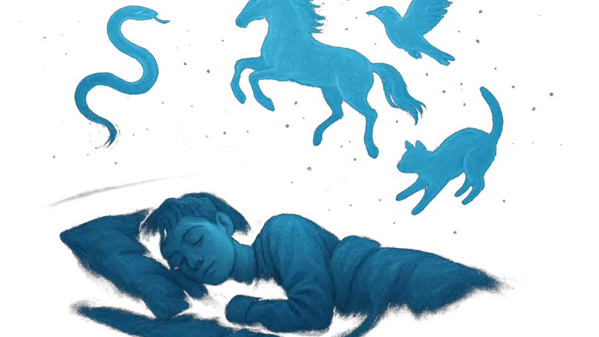 Soggetto che dorme in un letto, con una luce blu sognante e trasparente