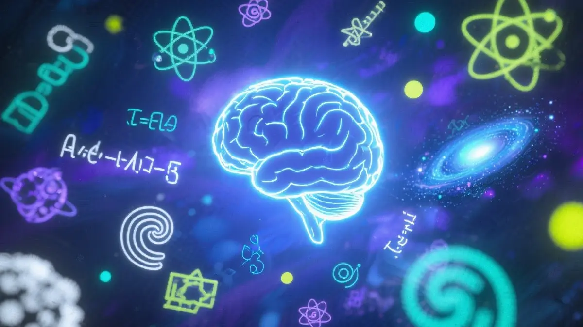 Un cervello stilizzato con ingranaggi e circuiti luminosi che suggeriscono complessità e pensiero scientifico