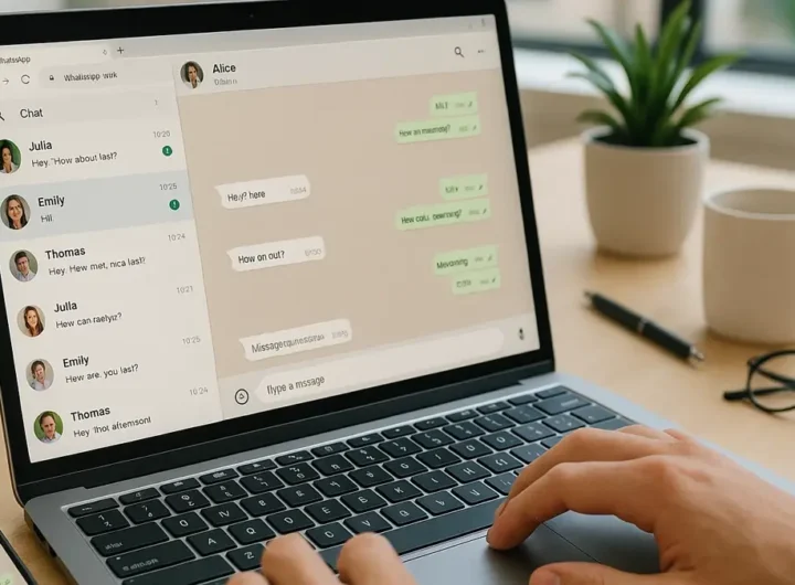 Un computer portatile aperto su WhatsApp Web