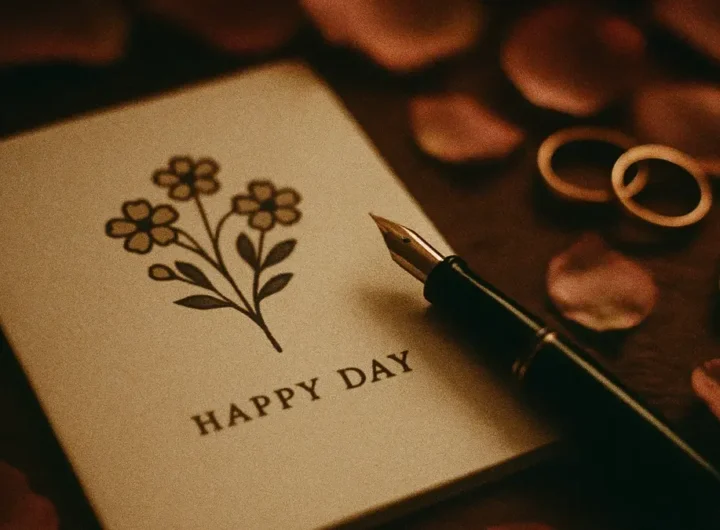 Un elegante biglietto d'auguri con un design floreale minimalista e una penna stilografica appoggiata sopra