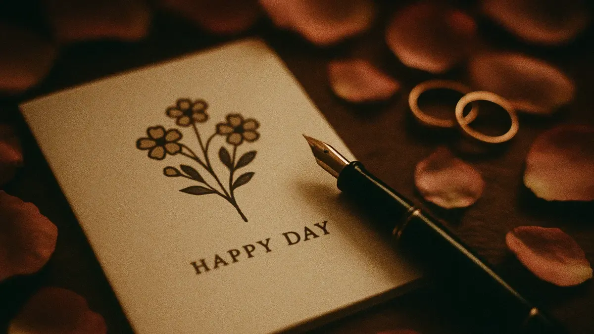 Un elegante biglietto d'auguri con un design floreale minimalista e una penna stilografica appoggiata sopra
