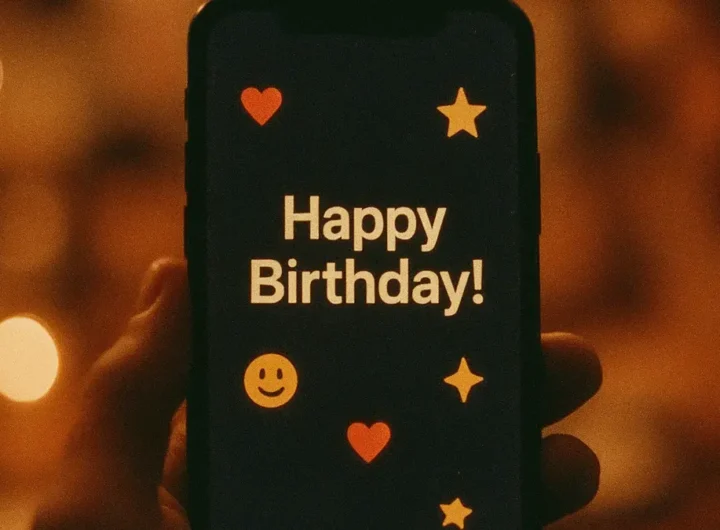 Un primo piano di uno smartphone con un messaggio di auguri visualizzato