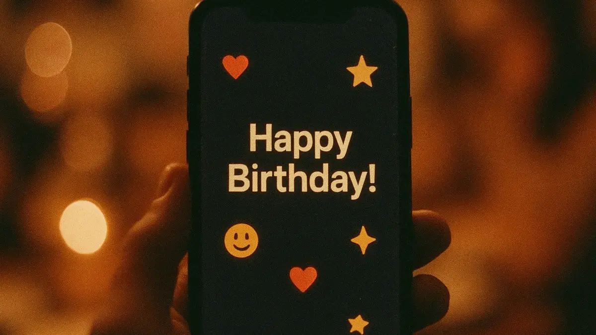 Un primo piano di uno smartphone con un messaggio di auguri visualizzato