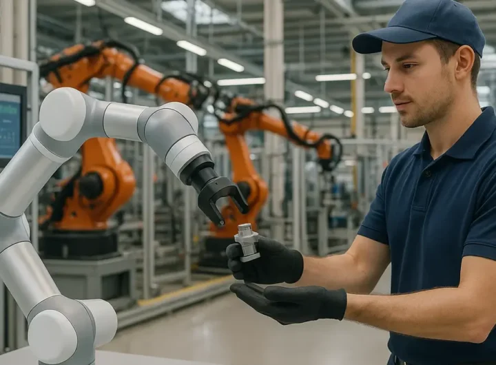 Un robot collaborativo (cobot) con un braccio meccanico che lavora fianco a fianco con un operaio umano