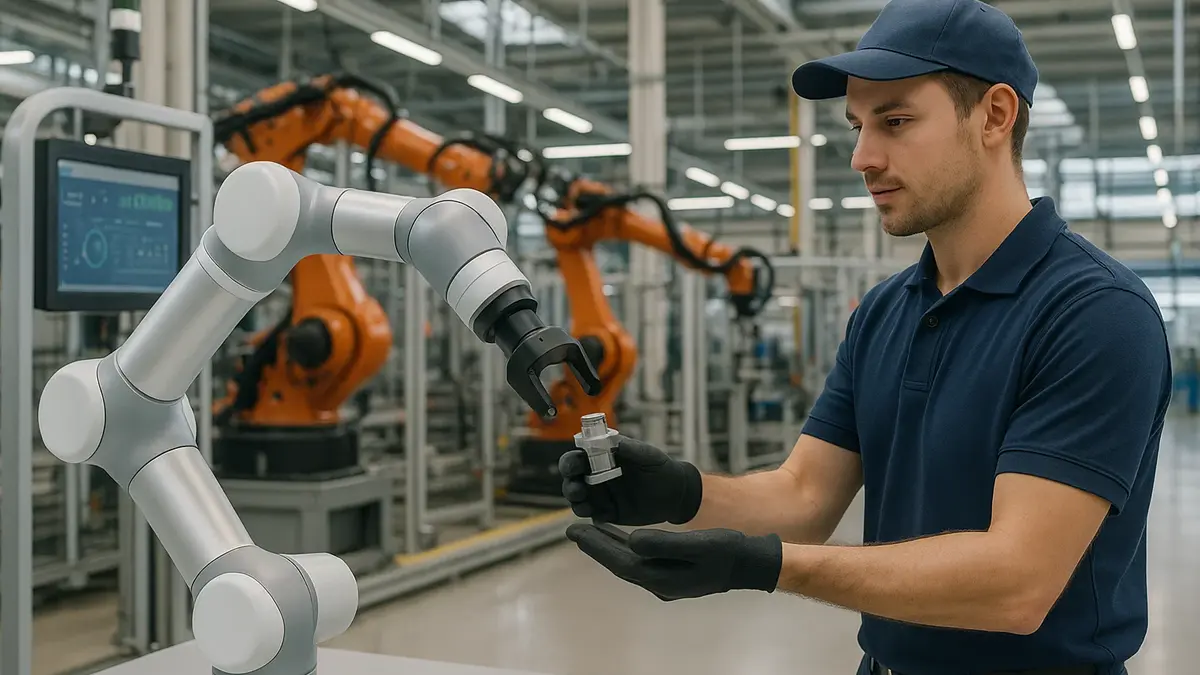 Un robot collaborativo (cobot) con un braccio meccanico che lavora fianco a fianco con un operaio umano