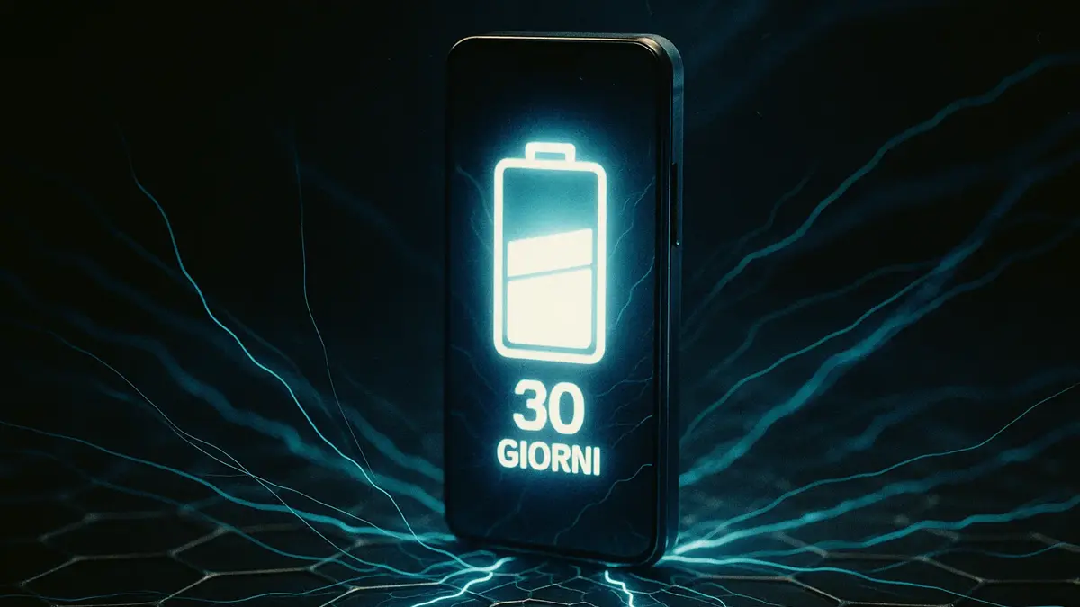 Una batteria per smartphone stilizzata che mostra un'icona di ricarica completa con un'indicazione di 30 giorni