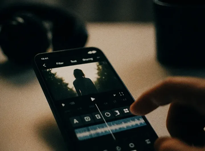 Una mano che tiene uno smartphone con un app di editing video aperta