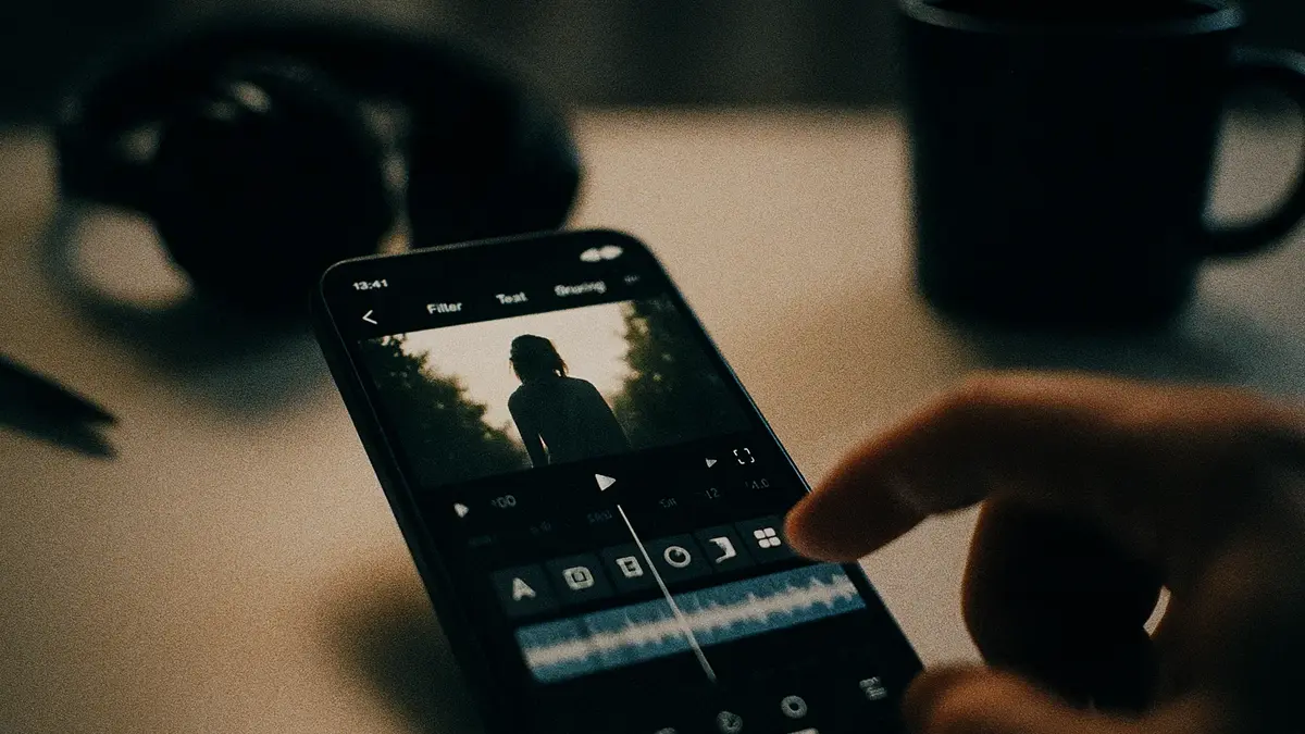 Una mano che tiene uno smartphone con un app di editing video aperta