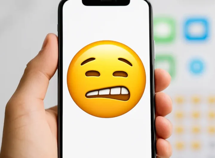 Una mano che tiene uno smartphone con un emoji di una faccia distorta visualizzata sullo schermo
