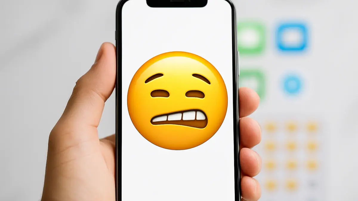 Una mano che tiene uno smartphone con un emoji di una faccia distorta visualizzata sullo schermo