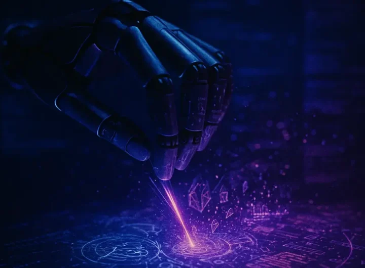 Una mano robotica stilizzata che disegna linee luminose su una tela digitale scura