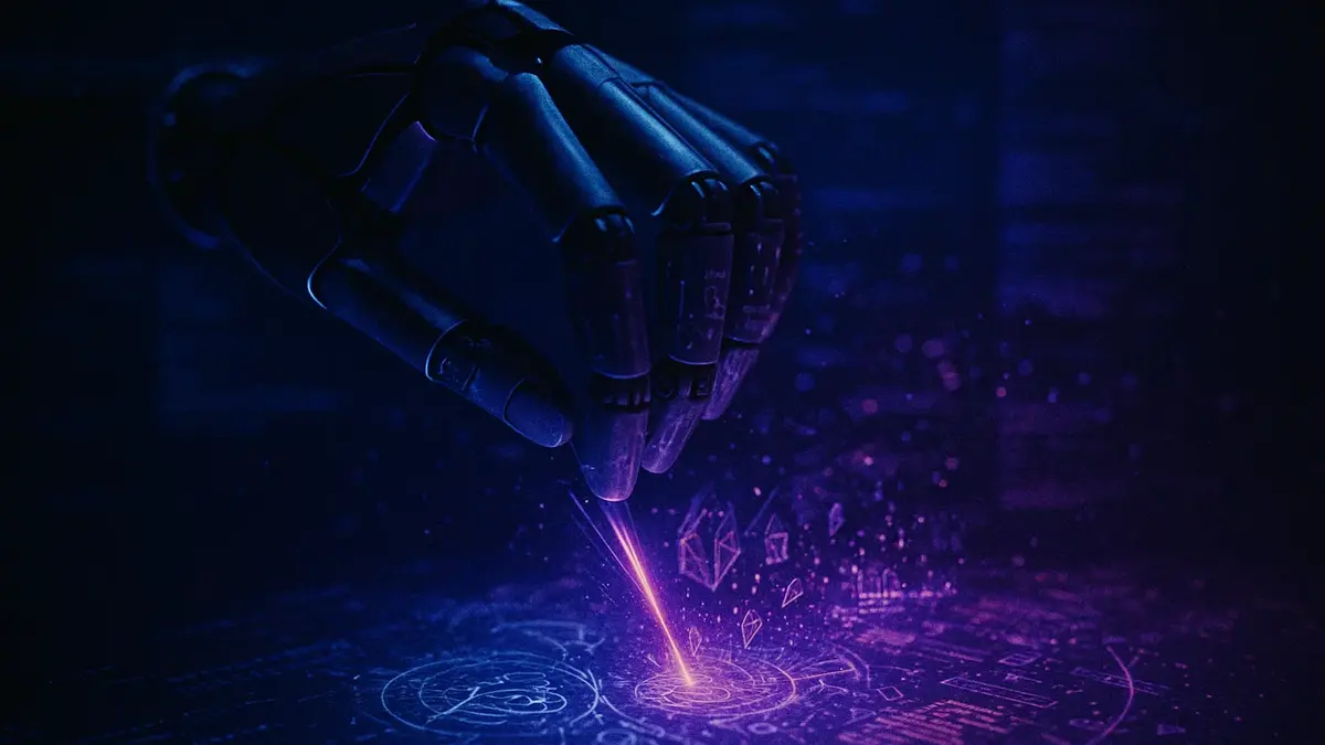 Una mano robotica stilizzata che disegna linee luminose su una tela digitale scura