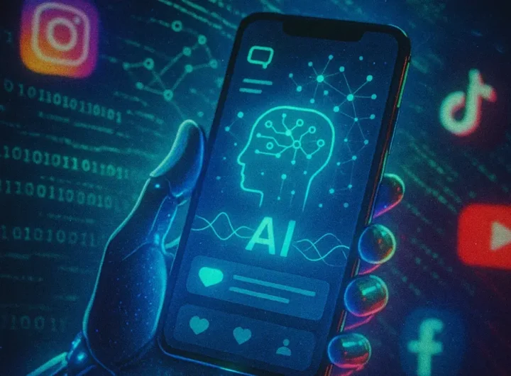 Una mano stilizzata tiene uno smartphone che mostra un app di social media