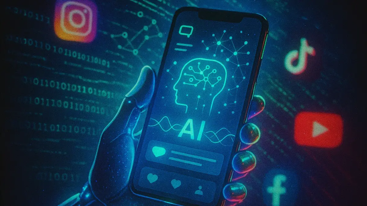 Una mano stilizzata tiene uno smartphone che mostra un app di social media