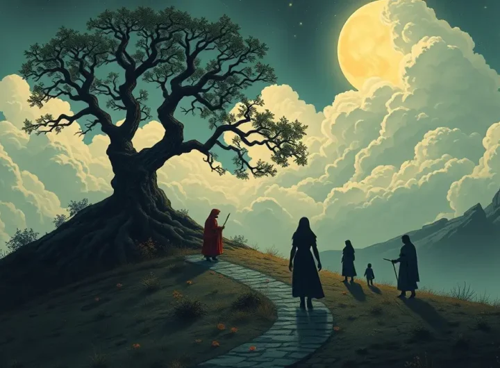 Un'illustrazione eterea e sognante che fonde elementi di antiche rovine e simboli universali