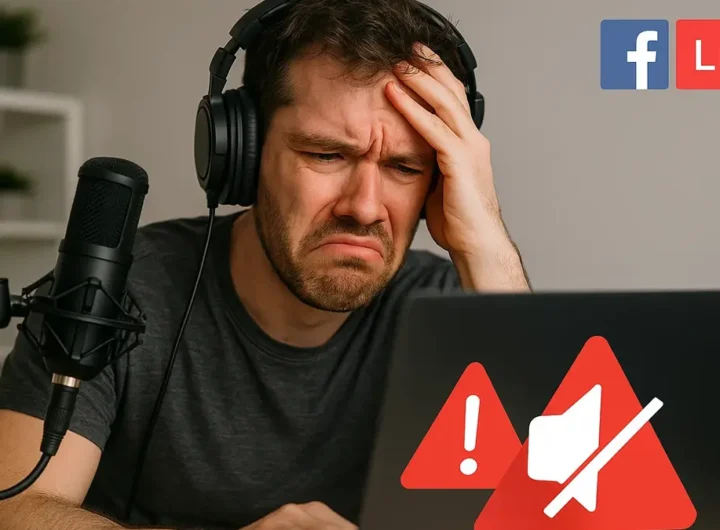 Utente durante una diretta Facebook con problemi audio visibili sullo schermo e microfono collegato