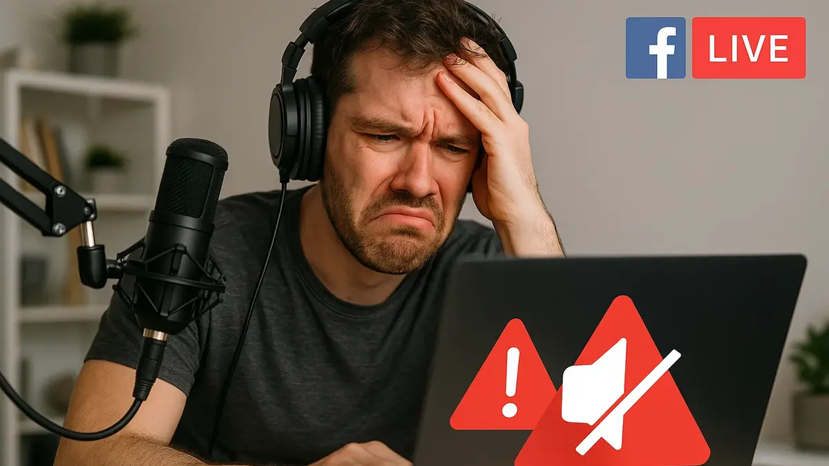 Utente durante una diretta Facebook con problemi audio visibili sullo schermo e microfono collegato