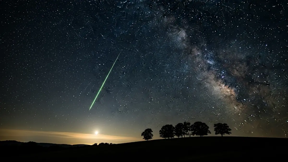 Cielo notturno stellato con una luminosa stella cadente dello sciame delle Perseidi che attraversa il cielo