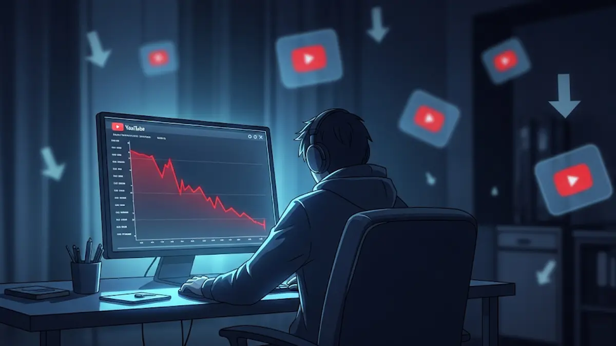 Creator di YouTube preoccupato che analizza un grafico di performance in calo sul suo computer