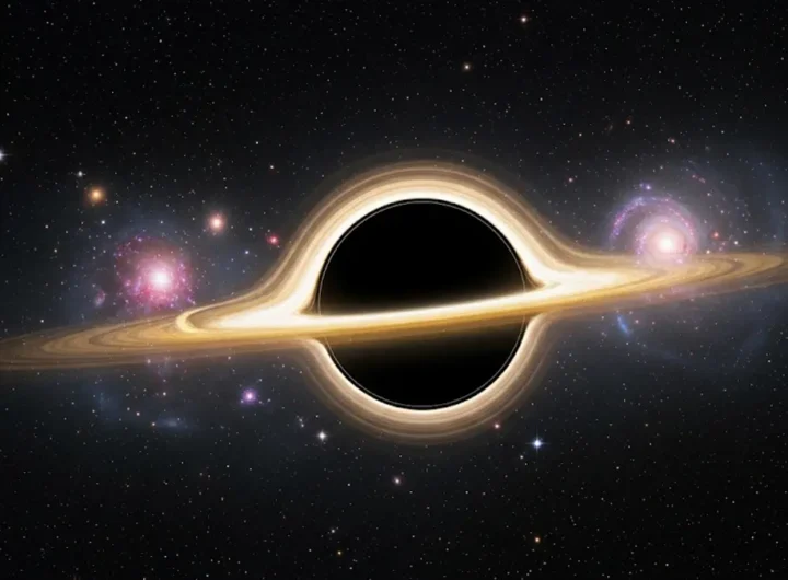 Illustrazione artistica di un buco nero ultramassiccio che deforma lo spaziotempo