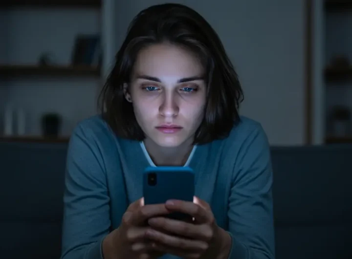 Persona stanca illuminata dalla luce blu di uno smartphone al buio