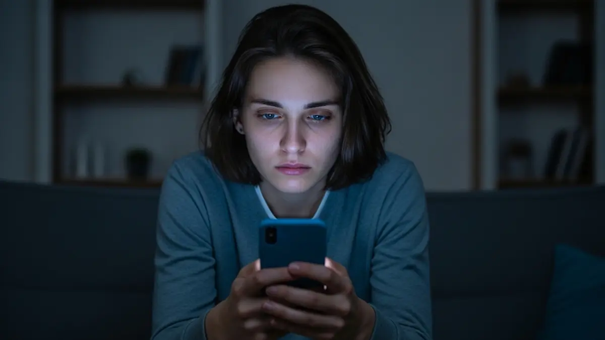 Persona stanca illuminata dalla luce blu di uno smartphone al buio