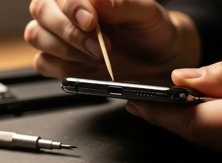 Primo piano sulle mani di una persona che pulisce delicatamente la porta di ricarica di uno smartphone moderno con uno stuzzicadenti di legno