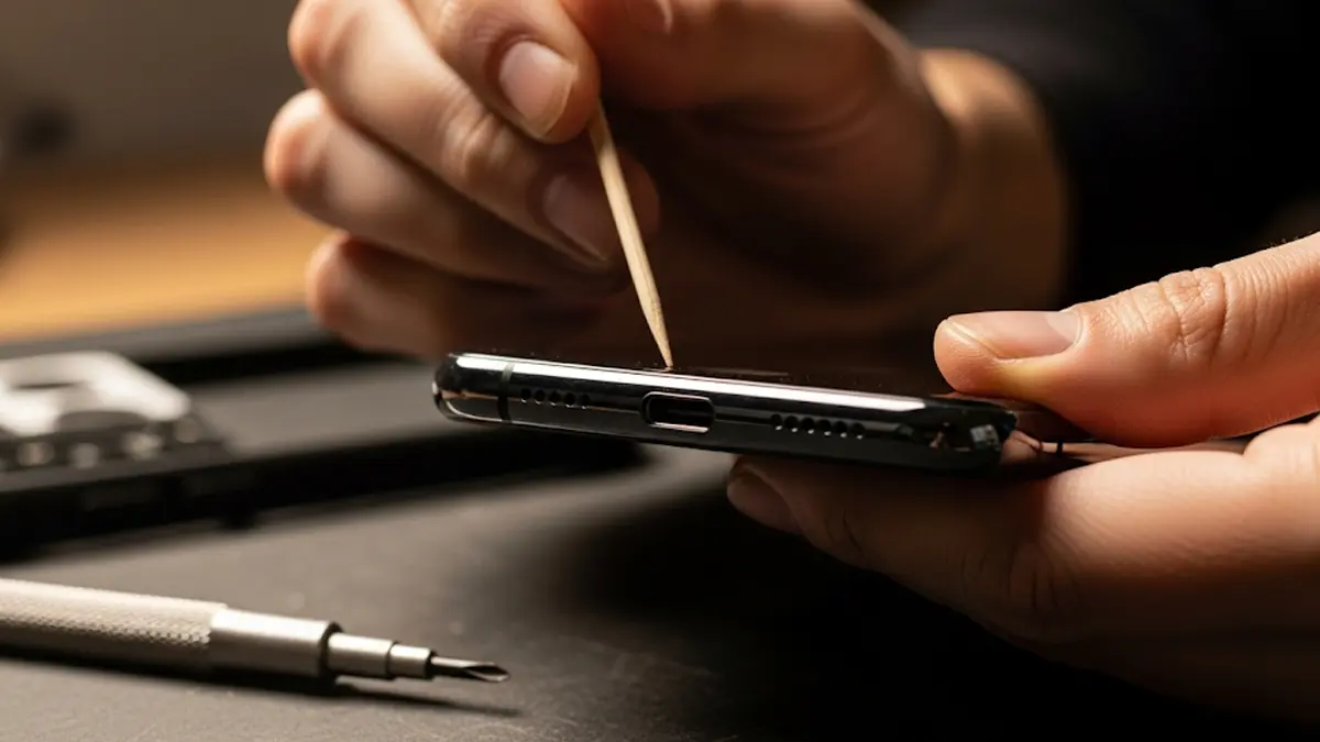 Primo piano sulle mani di una persona che pulisce delicatamente la porta di ricarica di uno smartphone moderno con uno stuzzicadenti di legno