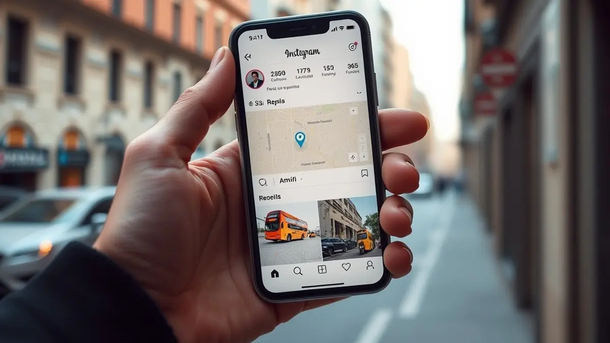 Screenshot realistico dell'interfaccia Instagram con mappa interattiva