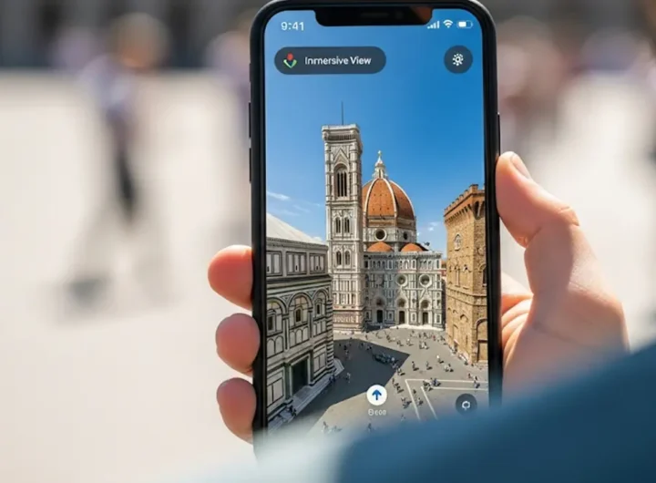 Smartphone che mostra la funzione Vista Immersiva di Google Maps su un monumento famoso