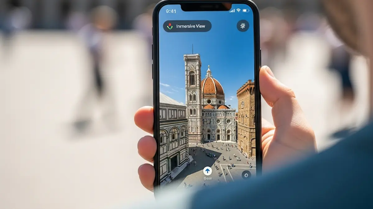 Smartphone che mostra la funzione Vista Immersiva di Google Maps su un monumento famoso